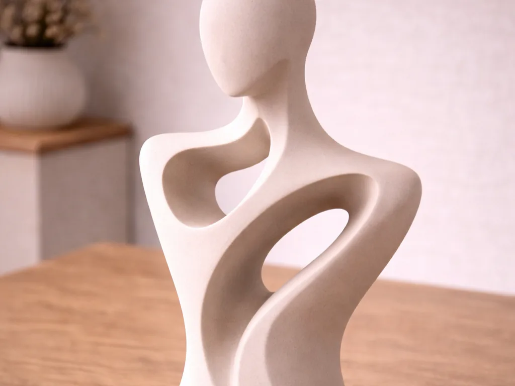 Escultura decorativa abstrata de estilo minimalista impressa em 3D sobre uma mesa de madeira
